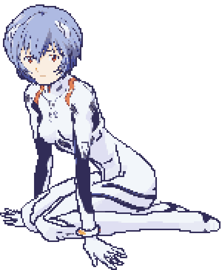 rei from evangelion kneeling and looking towards the camera